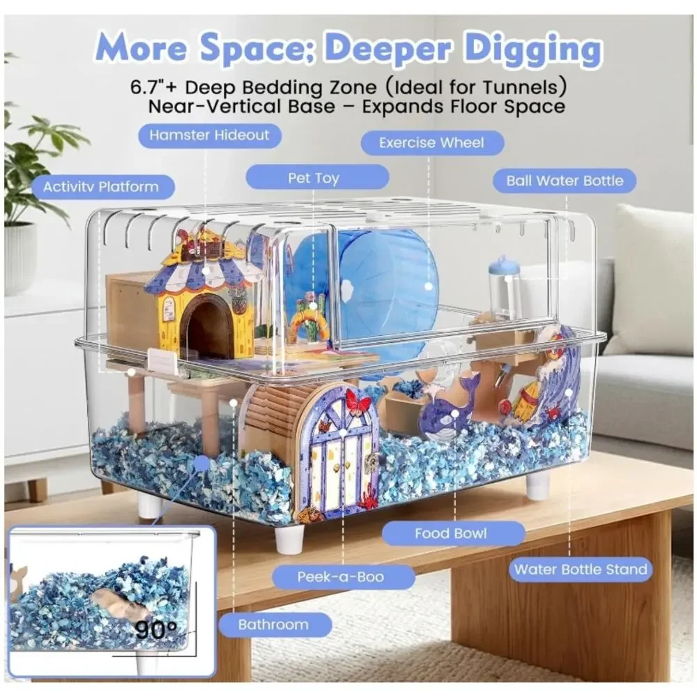 10-in-1 Acrylic Hamster Cage 2-Tier Habitat Kit Large 23” w/ Accessories